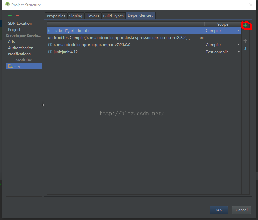 Project Structure SDK Location P roject Developer Servicm Ad s Authentication Notifications Modules Properties Signing Flavors {inc dir=libs) Build Types Dependencies Sco pe Compile ex' Compile Test compile Ca ncel 