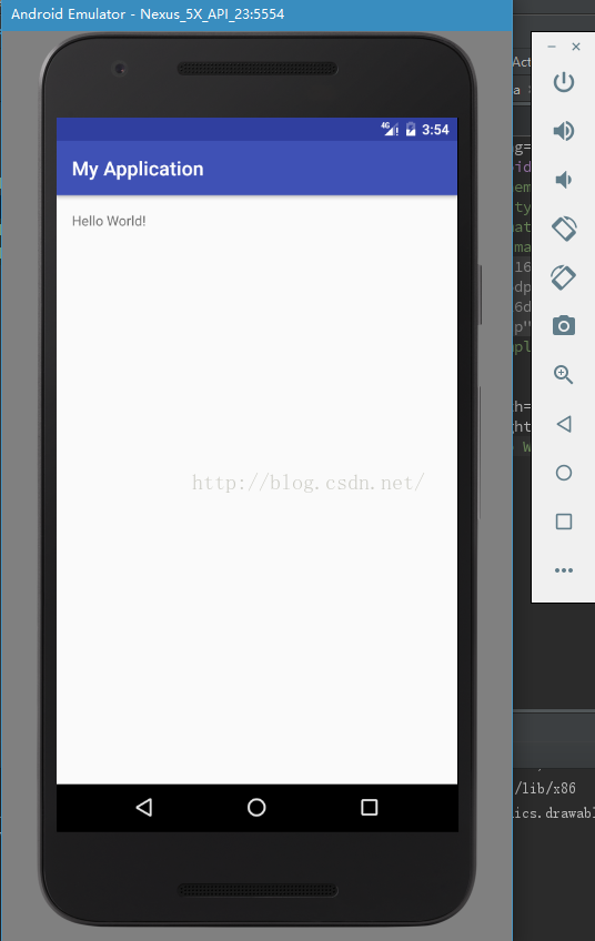 计算机生成了可选文字:Android Emulator _ Nexus 5X API 2 555 My Application H 0 World! O ， 3 ： 54 g: 0 / lib 86 1 C 5 ． 