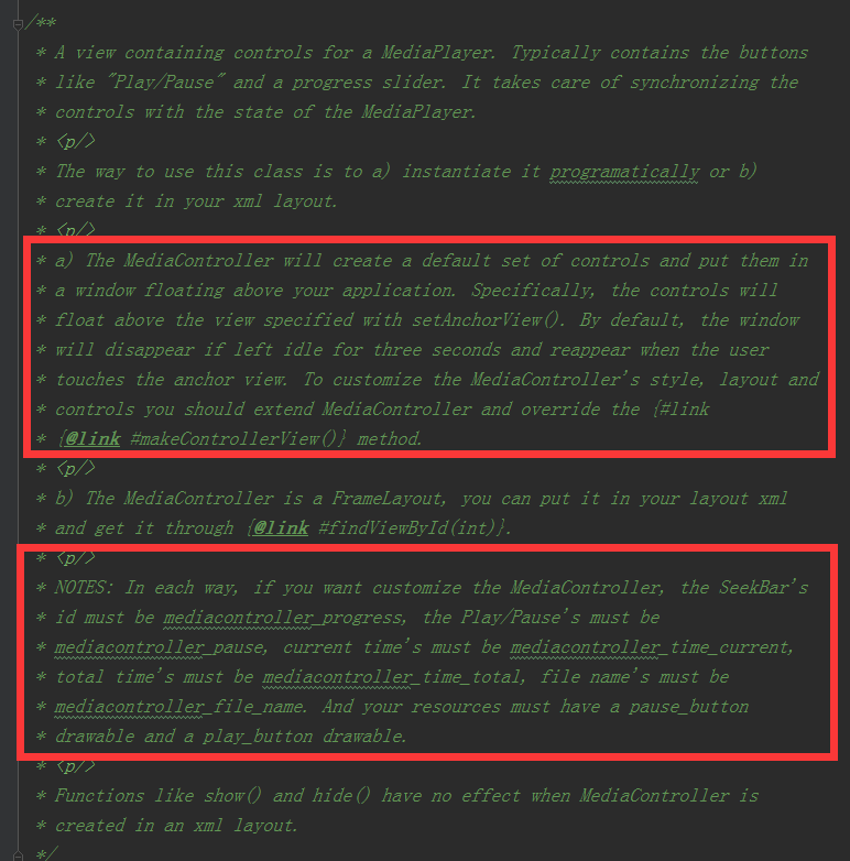 原依赖工程中的注解，大意就是自己在定义控制器的时候，暂停/播放，进度条，视频名称这三个控件的ID不能改，必须是使用Vitamio定义好的