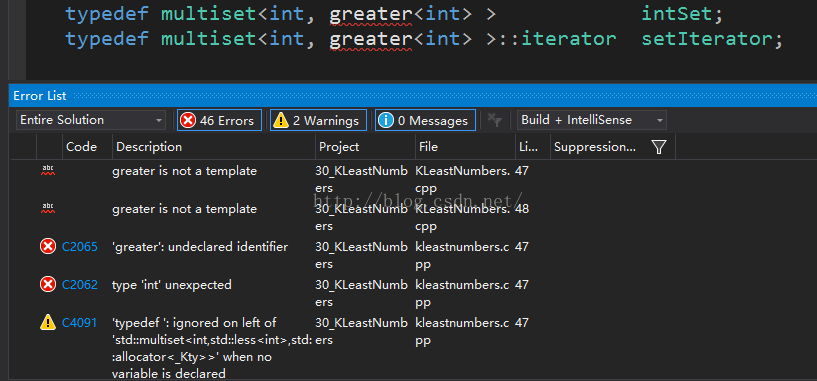 vs2015中c++中multiset容器定义对象时参数列表中显式调用greater无法被识别的解决办法