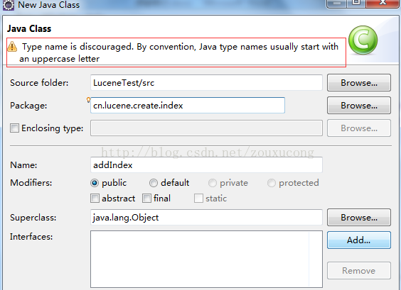 Type name is discouraged. By convention, Java type names usually start with an uppercase letter