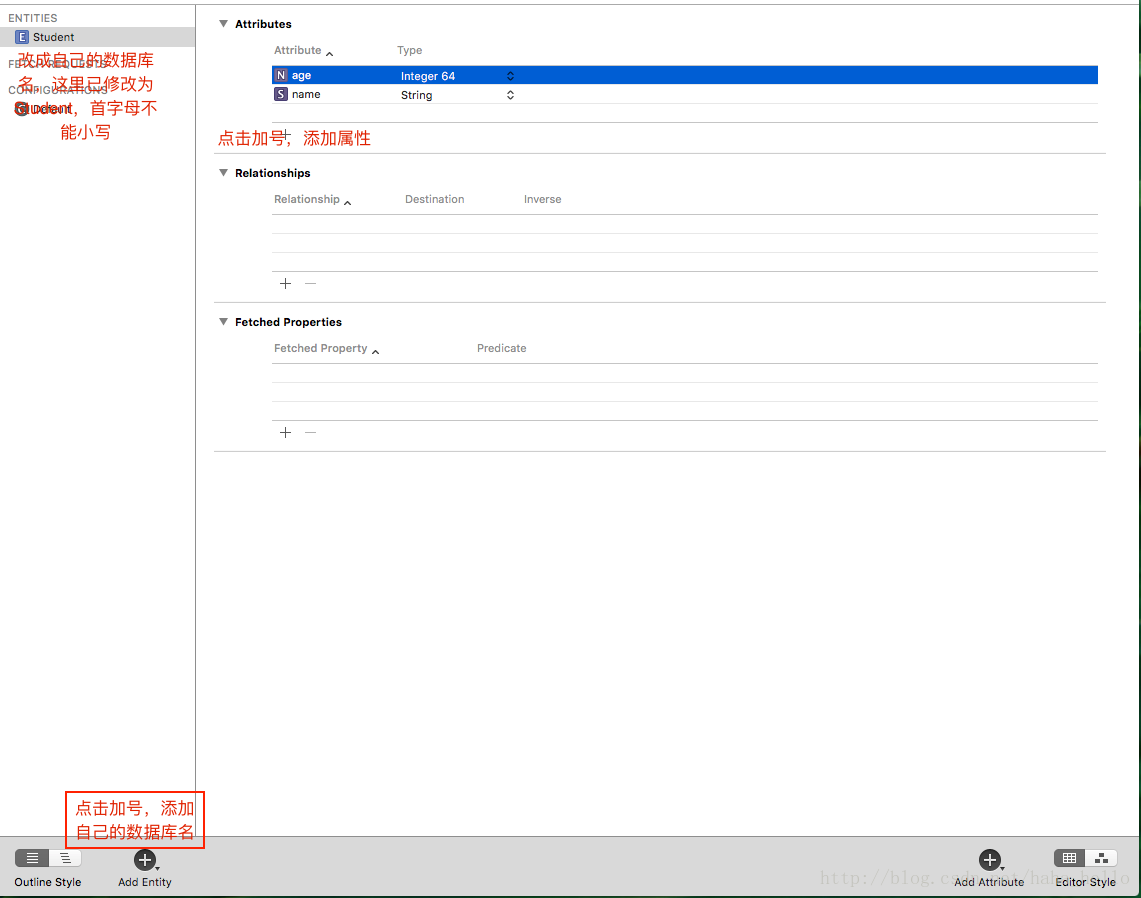 先点击左下角“+”号，出现左上角的ENTITIES，然后改成自己的名字就可以，最后将右边属性栏里面的属性添加了