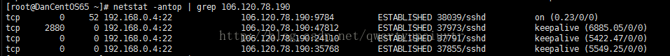 Machine generated alternative text:[root@DanCentOS65 netstat 1@6.12€.78.19€ -antop 192.168.€.4.22 .168.€.4.22 .168.€.4.22 192.168.€.4.22 g rep tcp tcp tcp tcp 52 1@6.12€.78. 19€:47812 ESTABLISHED 38€39/sshd ESTABLISHED 37973/sshd ESTABLISHED 37791/sshd ESTABLISHED 37855/sshd keepalive (6885. keepalive (5422 keepalive (5549 