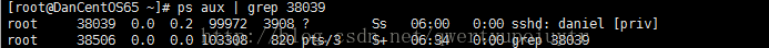 Machine generated alternative text:[root@Dancent0S65 06:34 root root ps 38€39 €.€ €.2 38506 €.€ €.€ aux I grep 38639 39€8 ? 1€33€8 82€ pts/3 sshd: daniel [privl ep 38€39