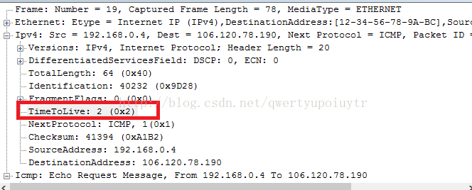 Machine generated alternative text:Frame : Number 19, Captured Frame Length = 78, MediaTy-pe  ETHERNET g?Ethernet: E type = Internet IP (IPv4) , Destination?ddress: [12345678 Ipv4: Src 192.168.0.4, Dest 106.120. 78.190, Next Protocol ICMP, A-BC] , sourc Packet ID Versions: IPv4, Internet Protocol; DifferentiatedServicesFieId: DSCP: Total Length: 64 (Ox40) Identification: 40232 (Ox9D28) 2 (Ox2) Nextprotocol: ICMP, 1 checksum: 41394 (OxAIB2) SourceAddress: 192. 168. 0.4 Header Length o, Ecu: 20 Destination?ddress: 106. 120. 78. 190 lcmp: Echo Request Message, From 192.168. 106.120.78 190 