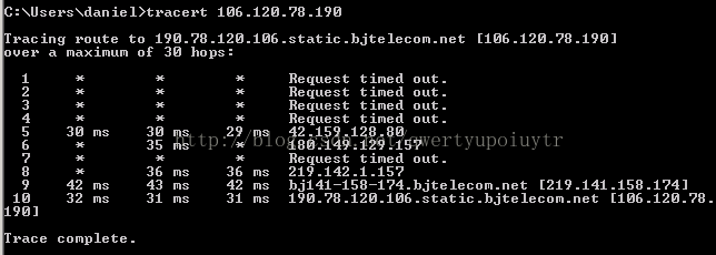 Machine generated alternative text:106 .120.?8.190 racing route to 196.78 .126.106 . static .b?telecom.net uer a maximum OF 30 hops: 30 ms 30 ms 36 ms 42 ms 43 ms 32 ms 31 ms [106.120.?8.190] 36 42 31 Request timed out. Request timed out. Request timed out. Request timed out. 42.159.128.80 180.149.129.15? Request timed out. 219.142.1.15? b?141-158-1?4.b?te1ecom.net [219 .141 .158.174] ms 196.78 .126.106 . static .b?telecom.net [106 .120.78. 90] race complete . 