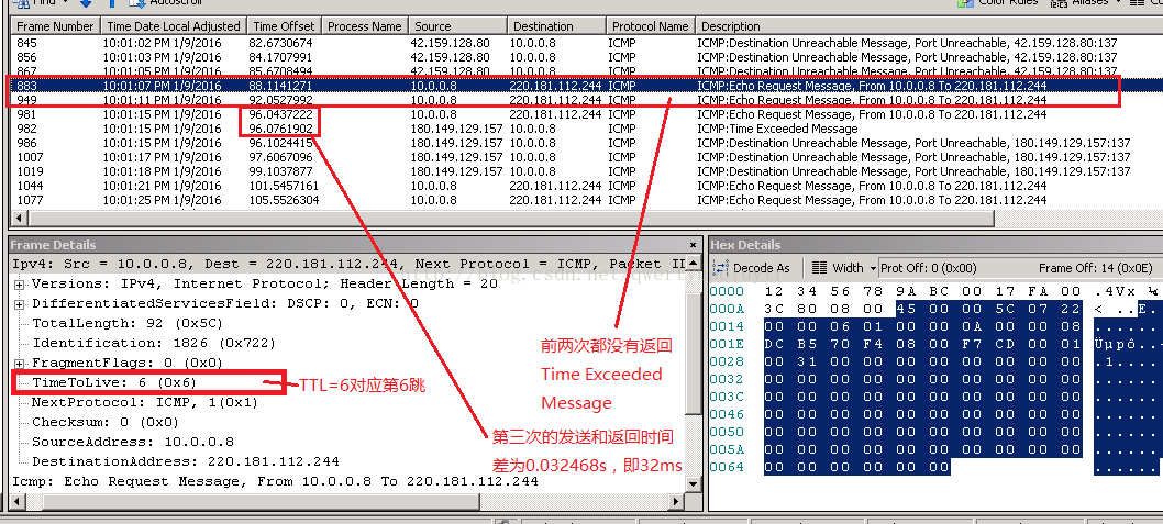 Machine generated alternative text:Frame Number 221181.112244 221181.112244 180.149.1291157 180.149.1291157 1007 180.149.1291157 1019 180.149.1291157 1044 221181.112244 1077 221181.112244 F『ame Details IPV4 : 5 EC 510 : 220 . 1巳1 . 112 . 2다4 Time 08t巳 Local Adi」Sted :02 PM 1!9i2016 10:01 :03 PM 1!9i2016 10:01 10:01:07 PM 11912016 : 15 PM 1!9i2016 10:01 : 15 PM 1!9i2016 10:01 : 15 PM 1!9i2016 10:01 :17 PM 1!9i2016 10:01 : 18 PM 1!9i2016 10:01 :21 PM 1!9i2016 10:01 :25 PM 1!9i2016 10:01 10 . . . 巳, Dest Time Offset 82.6730674 84.1707991 88.1141271 96.0437222 96.076190 96.102441 97.6067096 99.1037877 101.5457161 105.5526304 220 . 1B 1 . 112 . 2 , Header , ECN : 42.159.128.80 42.159.128.80 Destination 10.0.이8 10.0.이8 10.0.이8 10.0.이8 10.0.이8 10.0.이8 protocol Name ICMP ICMP ICMP ICMP 10.0.이8 10.0.이8 10.0.이8 10.0.이8 Ne Xt ength ICMP:Destination unreachable Message, Port Unreachable, 42.159.128.80: 137 ICMP:Destination unreachable Message, Port Unreachable, 42.159.128.80: 137 ICMp:Echo Re Messa 巳 From 10.0.이8 TO 220.181.1121244 ICMp:Echo Request Message, From 10.0.이8 TO 220.181.112.244 ICMP : Time Exceeded Message ICMP:Destination unreachable Message, Port Unreachable, 180.149.129.157: 137 ICMP:Destination unreachable Message, Port Unreachable, 180.149.129.157: 137 ICMP:Destination unreachable Message, Port Unreachable, 180.149.129.157: 137 ICMP ICMP ICMP ICMP ICMP ICMP Pa ICMp:Echo Request Message, From 10.10 ICMp:Echo Request Message, From 10.10 .8 TO 220.181.1121244 .8 TO 220.181.1121244 P C 01 ICMP , ket Il ^ •.:: Decode IPv4 , Int PEO CO 1 ; 01 1 1 1 1 : DSCP : TotalLength: 92 ( ) Ident 1 f 1 10 n: 1B 2 6 ( 口x72 2 ) Fra : 口X口 0口口口 口口口A 001 口口IE 口口2巳 口口3 2 口口3 C 口口다6 口口5口 口口5A 口口6다 1 2 3 C C Width • Prot OF麟 5 6 5 1 0(0乂00) B C F 7 1 7 5 C Frame Off: 14 (OXOE) . VX 14 [41 p 0 . 前西)欠鄱i殳有返叵 Time Exceeded Message 第三次的岌送和返叵日寸同 差力0.032468s , 即32ms B 5 3 1 T TOL iV巳 : 6 (OX 6 ) X P t CO 1 : I CMP , Checksum: ( 口X口 ) TTL=6射疵第6跳 1(口xl) Dest 1 10 : 2 20 . 1 1 . 112 . 2 lcmp : Echo Request Message , 0m 10 . . TO 