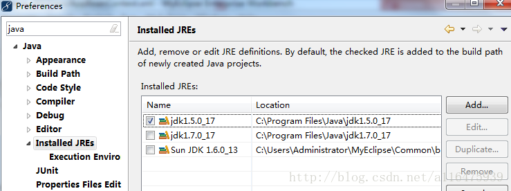 preferences->java->installed JREs