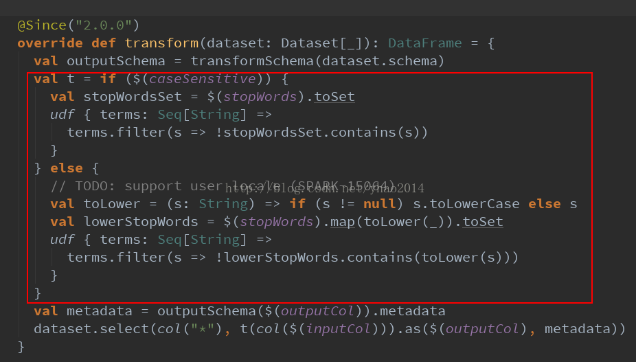 计算机生成了可选文字:1 nce （ " 2 ． G). 0 " ） override def transform(dataset: DatasetL_J ） ： D a t a F r a m e transformSchema (dataset ． schema) vat outputSchema $ （ s 亡 op 0 厂 ） .toSet vat stopWordsSet Lldf { terms: Seq LStri ngl terms. filter(s = > !stopWordsSet.contains(s) ） } else { / / TODO: support user locale (SPARK-15@64) (): Stri ng) = > 1 f (s ！ = s.toLowerCase else S val toLower $ （ s 亡 op 0 厂 ） .map(toLower(_)) · toSet vat lower-StopWords Lldf { terms: Seq LStri ngl terms. filter(s = > !lowerStopWords.contains(toLower(s) ） ） outputSchema($ (OLItPLltCOl) ） .metadata vat metadata dataset.select(col （ " * " ） ， t(col ($(inputCol))) .as($ (outputCOl) ， metadata) ） 