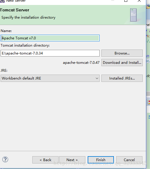 点击Browse，找到下载的tomcat的路径，点击Finish即可
