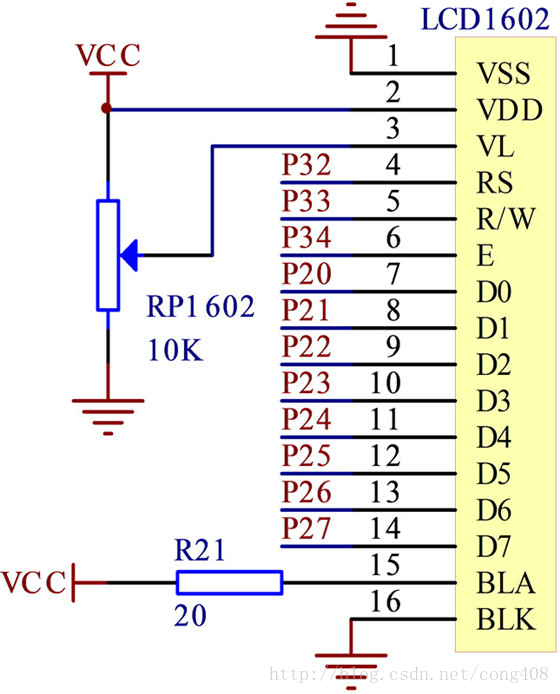 下图为一般LCD1602的接法。