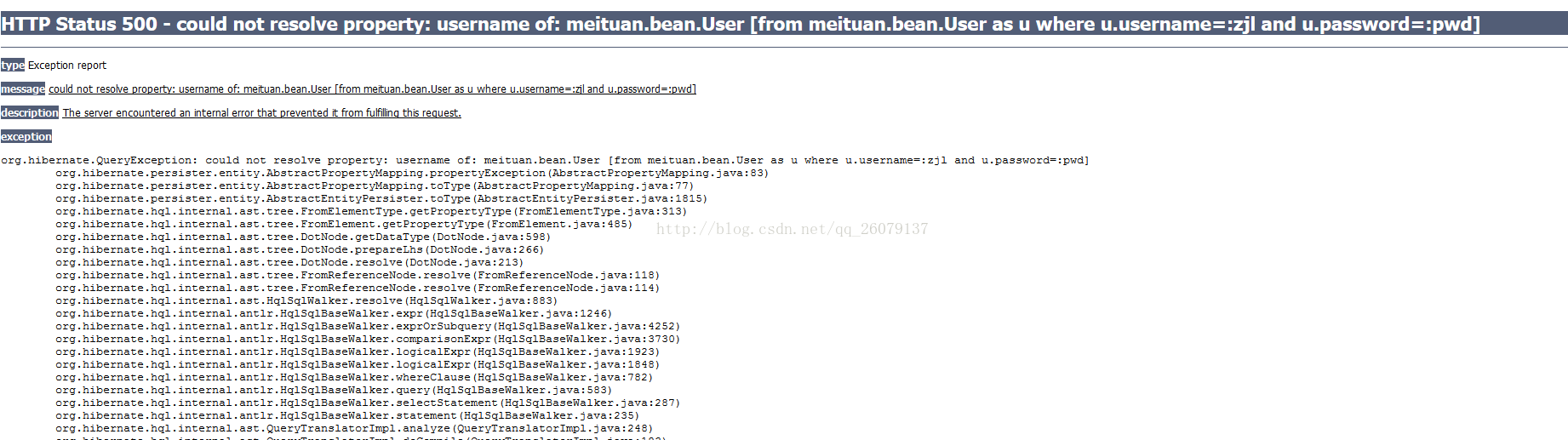 could not resolve property username of meituan.bean.User