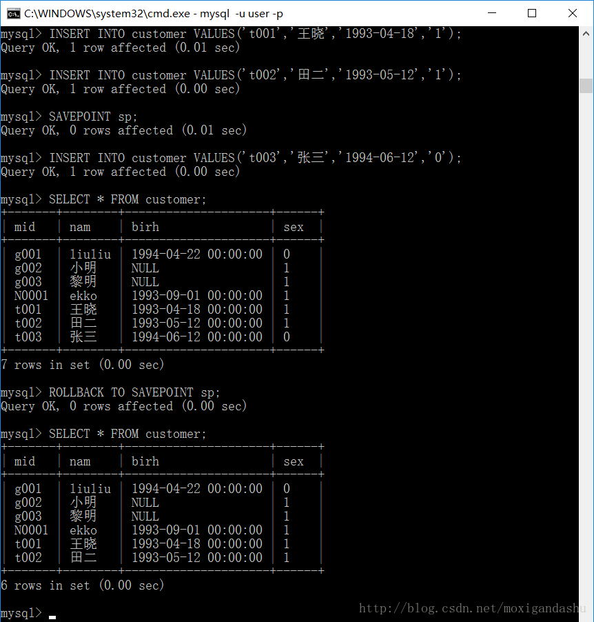 mysql部分回滾