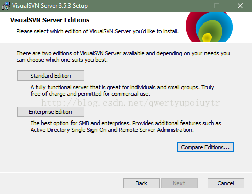 VisualSVN Server 3.5.3 Setup VisualSVN Server Editions Please select which edition of VisualSVN Server you'd like to install. There are bivo editons of VisualSVN Server available and depending on your needs you can choose which one suits you best. Standard Edition A Mnctonal server that is great for individuals and small groups. Truly free of charge and permitted for commercial use. En terprise Edi bon The best opton for SMS and enterprises. Provides additonal features such as Actve Directory Single Sign-On and Remote Server Administraton. Compare Editons. 