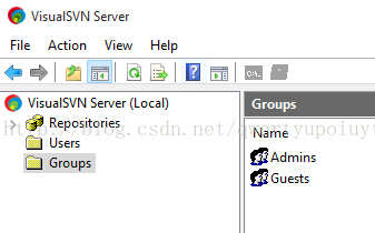 VisualSVN Server File Action View Help O Visua[SVN Server (Local) Repositories Users Groups G roups Name Admins 