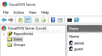VisualSVN Server File Action View Help O Visua[SVN Server (Local) Repositories Users Groups Users Name daniel guest 