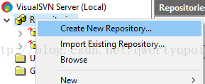 O VisualSVN Server (Local) Create New Repositorym Repositorie Import Existing Repository... Browse 