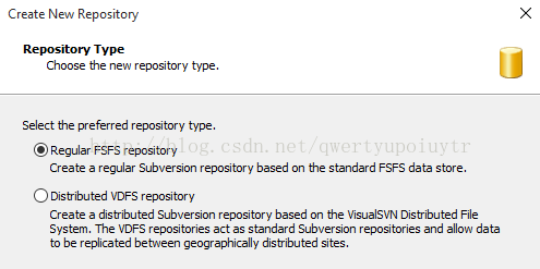 Create New Repository Repository Type Choose the nevv reg&tory type. Select the preferred repository type. @Regular FSFS regu)sitory Create a regular Subversion repository based on the standard FSFS data store. o Distributed VDFS regu)sitory Create a distributed Subversion regu)sitory based on the VisualSVN Distributed File System. The VDFS repositories act as standard Subversion repositories and allon data to be replicated bet,Neen geographically distributed sites. 