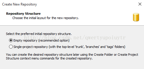 Create New Repository Repository Structure Choose the inital layout for the nevv reg&tory. Select the preferred inibal regu)sitory structure. @Empty regu)sitory (recommended option) C) Single-project regu)sitory (With the top-level 'trunk , branches' and 'tags' folders) You can create the desired regu)sitory structure later using the Create Folder or Create Project Structure context menu commands for the created regGtory. 