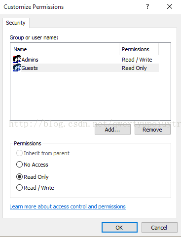 Customize Permissions Security Group or user name: Name Guests Inherit from parent C) No Access @Read Only C) Read / Write Read / Write Read Only Learn more about access control and Dermis—ons 