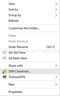 Sort by Group by Refresh Customize this folder... Paste Paste sh ortcut Undo Rename Git GUI Here Git Bash Here Share with SVN Checkout... TortoiseSVN Pro perties Ctrl+Z 