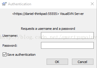 Authentication <https://daniel-thinkpad : 55555> VisualSVN Server Requests a username and a password Password: Z] Save authenbcabon 