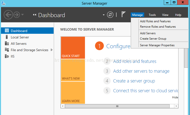 Server Manager Dashboard WELCOME TO SERVER MANAGER Dashboard Local Server All Servers Manage Tools View Help Add Roles and Features Remove Roles and Features Add Servers Create Server Group O Configure Server Manager Properties File and Storage Services io IIS QUICK START 2 3 WHAT'S NEW 4 5 N MORE Add roles and features Add other servers to manage Create a server group Connect this server to cloud servi
