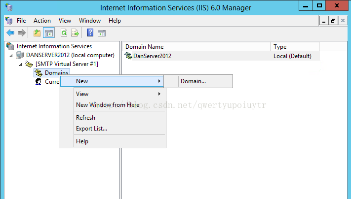 Internet Information Services (IIS) 6.0 Manager File Action View Window Help Internet Information Services DANSERVER2012 (local computer) [SMTP Curr Domain Nam Domain... Type Local (Default) New Window from Here Refresh Export List... Help