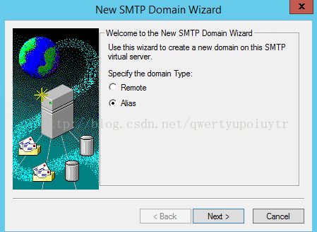New SMTP Domain Wizard Welcome to the New SMTP Domain Wizard use this wizard to create a new domain on this SMTP virtual server Specify the domain Type @ Alias Back