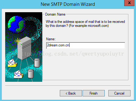 New SMTP Domain Wizard Domain Name What is the address space of mail that is to be received by this domain? (For example microsoft com) 2draamcomcn