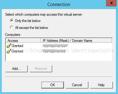 Connection Select which computers may access this virtual server Only the list below Al except the list below Computers Granted Granted IP Address Remove / Domain Name