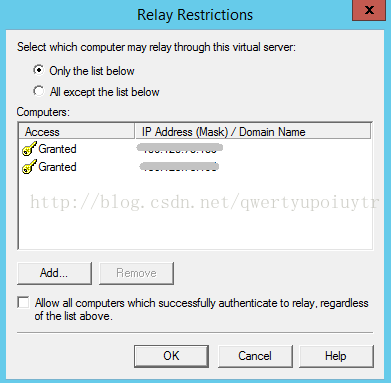 Relay Restrictions Select which computer may relay through this Vitual server Only the list below Al except the list below Computers IP Address Granted Granted Remove / Domain Name r Alow all computers which successfully authenticate to relay. regardless of the ist above