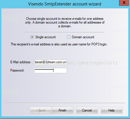 Visendo SmtpExtender account wizard Choose single account to receiva anails for ona address only A domain account collects anailsfor all addresses of a domain O account The recipient S enail address is also used as user name for PO 93 login E-Mail address daniaI@2dreamcomcn < Back jeFnsh—sÅ —Cancel—h