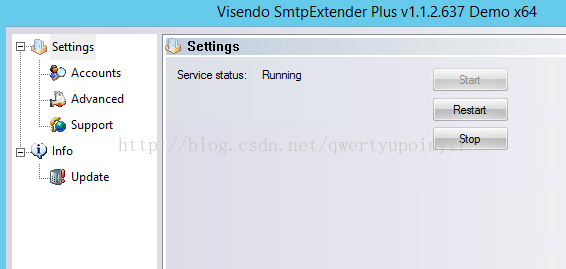 Visendo SmtpExtender Plus v1.1.2.637 Demo x64 Settings 8:) Accounts Advanced 'O Support Info Update Settings Service status Running