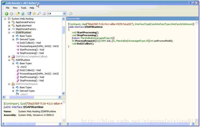 图3 –如果你想深入研究底层的接口，打开Reflector，并且打开 System.Web.Hosting 命名空间。进入ASP.NET的入口点通过COM接口而被ISAPI dll调用，这就获得了一个非托管的指针，指向了ISAPI ECB.。ECB包含了访问ISAPI的全部接口，能够获得请求的数据，也能够将数据返回给IIS。