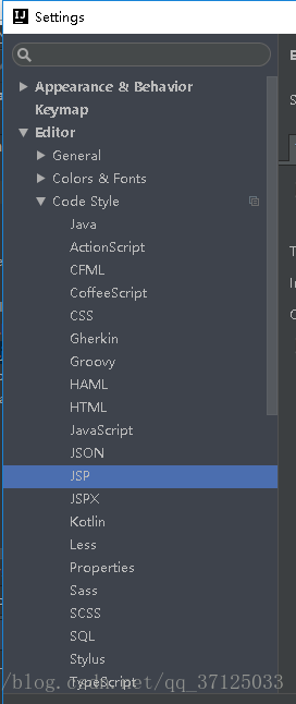 当你打开Settings时，有没有发现自己的Code style中没有JSP，当然，我这里经过设置是有的