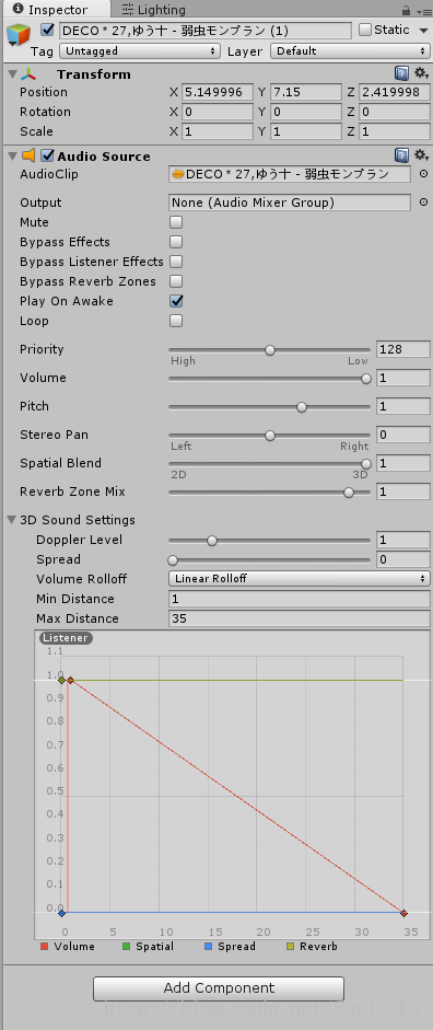 音乐文件上的Audio Source组件