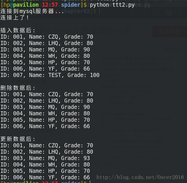 Three Python methods to operate MySQL database