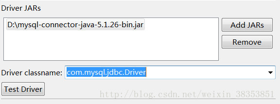 接下来就是添加这个jar包，Driver classname 选择“com.mysql.jdbc.Driver”