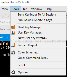 :ree for Home/SchooI) View Tools Tab Window Help ) addres curr 'u ild 20 to Send Key Input To All Sessions Sun (Solaris) Shortcut Keys Host Key Manager... User Key Manager... New User Key Wizard... Launch Xagent Color Schemes... Quick Command Sets... Script Options... 