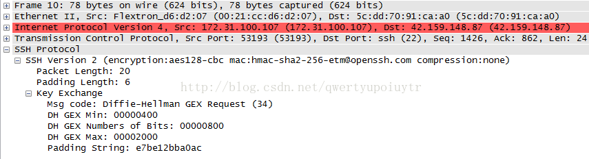 C:] Frame 10: 78 C:] Ethernet 11, Tr ansmn SSI on C:] ssH protocol bytes on wire (624 bits), 78 bytes captured (624 bits) Sr c: Flextron_d6:d2:07 (00:21 Dst: 5c:dd:70:91:ca:aO (5c:dd:70:91:ca:aO) control protocol, src Port: 53193 (53193), ost Port: ssh (22), seq: 1426, Ack: 862, Len: 24 D SSH version 2 (encryption: aes128-cbc mac : hmac-sha2-256-etmaopenssh. com compression: none) packet Length: 20 padding Length: 6 Key Exchange Msg code: Diffi e-He11man GEX Request (34) DH GEX Min: 00000400 DH GEX Numbers of Bits: 00000800 DH GEX Max: 00002000 padding stri ng: e7be12bbaOac