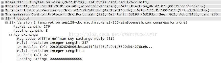 C] Frame 11: 334 bytes on wire (2672 bits), 334 bytes captured (2672 bits) C] Ethernet 11, src: 5c:dd:70:91:ca:aO (5c:dd:70:91:ca:aO), Dst: Flextron_d6:d2:07 (00:21 C:] Internet protocol version 4, src: 42.159.148. 87 (42.159.148. 87), DSt: 172. 31.100.107 (172. 31.100.107) Transmission control protocol, src Port: ssh (22), ost Port: 53193 (53193), seq: 862, Ack: 1450, Len: 280 C:] ssH protocol SSH version 2 (encryption: aes128-cbc mac : hmac-sha2-256-etnaopenssh. com compression: none) packet Length: 276 padding Length: 8 C] Key Exchange Msg code: Diffi e-He11man Key Exchange Reply (31) Multi precision Integer Length: 257 DH modulus (p): ooc038282de061be1ad34f31325efe9b1d8520db14276ceb. Multi precision Integer Length: 1 DH base (G): 02 padding string: 0000000000000000 