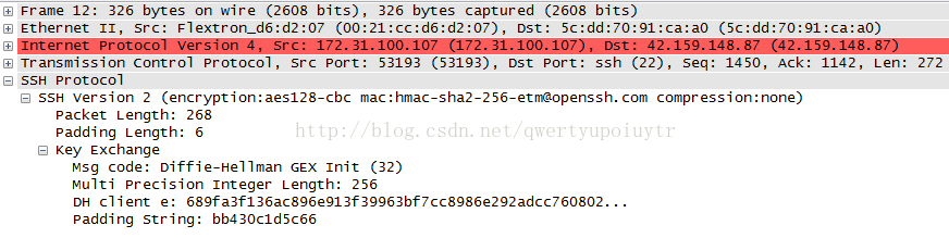 C] Frame 12: 326 bytes on wire (2608 bits), 326 bytes captured (2608 bits) C] Ethernet 11, src: Flextron_d6:d2:07 (00:21 Dst: 5c:dd:70:91:ca:aO Transmission control protocol, Sr c Port: 53193 (53193), ost Port: ssh (22), seq: 1450, Ack: 1142, Len: C:] ssH protocol C] SSH version 2 (encryption: aes128-cbc mac : hmac-sha2-256-etnaopenssh. com compression: none) packet Length: 268 padding Length: 6 Key Exchange Msg code: Diffi e-He11man GEX Init (32) Multi precision Integer Length: 256 DH client e: 689fa3f136ac896e913f39963bf7cc8986e292adcc760802. padding string: bb430c1d5c66 272