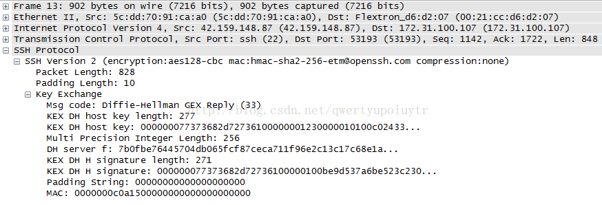 C] Frame 13: 902 bytes on wire (7216 bits), 902 bytes captured (7216 bits) C] Ethernet 11, src: 5c:dd:70:91:ca:aO (5c:dd:70:91:ca:aO), Dst: Flextron_d6:d2:07 (00:21 C:] Internet protocol version 4, src: 42.159.148. 87 (42.159.148. 87), DSt: 172. 31.100.107 (172. 31.100.107) Transmission control protocol, src Port: ssh (22), ost Port: 53193 (53193), seq: 1142, Ack: 1722, Len: ssH protocol SSH version 2 (encryption: aes128-cbc mac : hmac-sha2-256-etnaopenssh. com compression: none) packet Length: 828 padding Length: 10 D Key Exchange Msg code: Diffi e-He11man GEX Reply (33) KEX DH host key length: 277 KEX DH host key: 000000077373682d72736100000001230000010100c02433. Multi precision Integer Length: 256 DH server f: 7bOfbe76445704db065fcf87ceca711f96e2c13c17c68e1a. . KEX DH H signature length: 271 KEX DH H signature: 000000077373682d72736100000100be9d537a6be523c230. padding string: 00000000000000000000 MAC : ooooooocoal 500000000000000000000 848