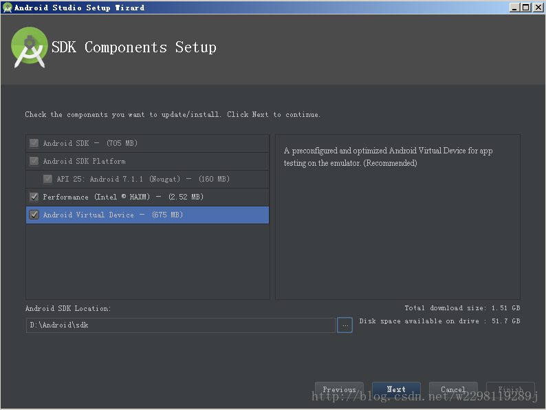 默认自动勾选三个复选框，在继续勾选下面两个，输入框为Adnroid Studio 的SDK路径，路径在第五步设置完成。