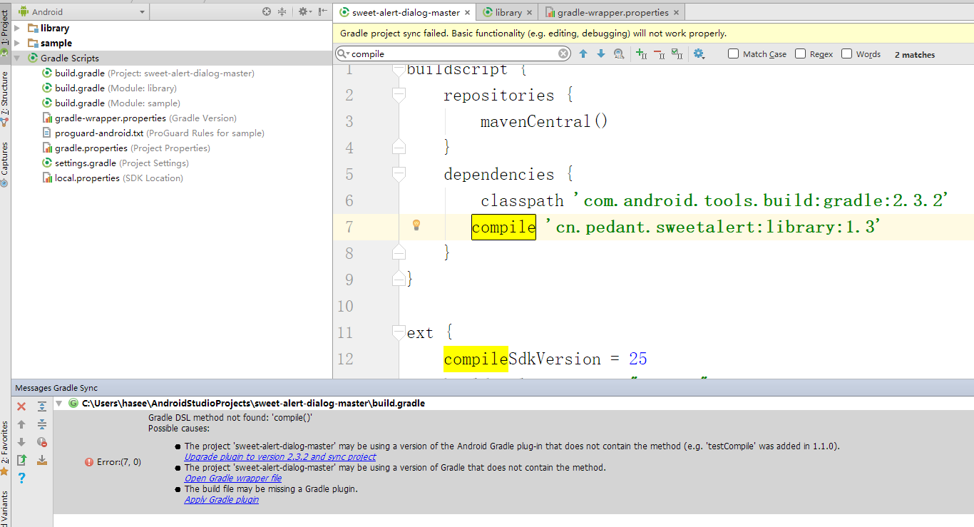 Solve the build gradle file error no candidates found for method call
