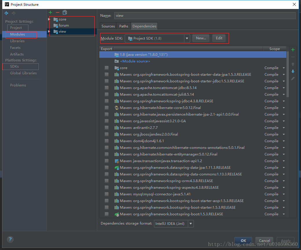 Project Structure 配置 Project、Modules、SDKs的JDK版本保持一致