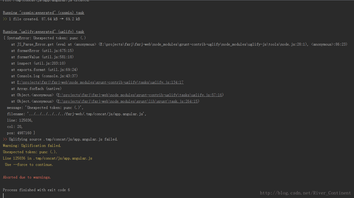 【Grunt】Uglification failed.丑化失败（其实是打包失败），Grunt打包错误，
