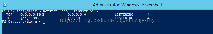 Users am e netstat o.o.o.o:5985 C: : ] :5985 -ano 1 n str o.o.o.o:o Administrator: Windows PowerShell 5985 LISTENING LISTENING PS 