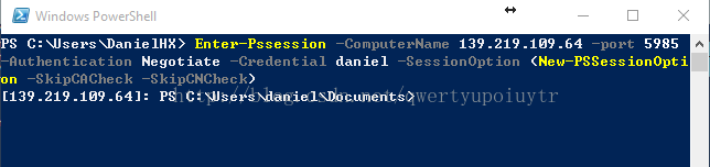 Windows PowerSheII PS C: VJsers NDanieIHX> Enter—Pssession 139 .219 .109 .64 —ComputerName Authentication Negotiate —Credential dan ieI —Session Option n -SkipCNCheck [139 .64]: ps C: 5985 ion Opti 